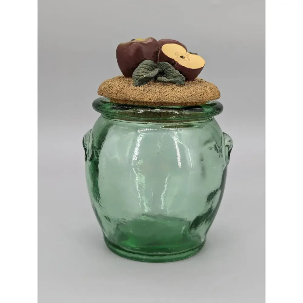 Green Embossed Kitchen Glass Storage Jar With Decorative Apples Cork Lid 7